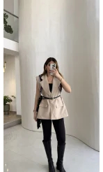 Sapphire Fular Detaylı Vatkalı Kemerli Yelek - Taş - Kod: 7708