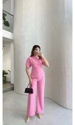 Ballet Kol Detay Bluz-Pantolon Takım - Pembe - Kod: 8089