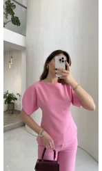 Ballet Kol Detay Bluz-Pantolon Takım - Pembe - Kod: 8089