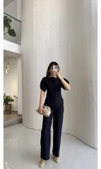 Ballet Kol Detay Bluz-Pantolon Takım - Lacivert - Kod: 8089