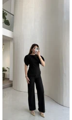 Ballet Kol Detay Bluz-Pantolon Takım - Siyah - Kod: 8089