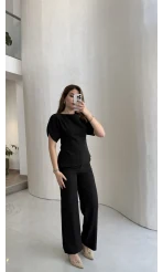 Ballet Kol Detay Bluz-Pantolon Takım - Siyah - Kod: 8089