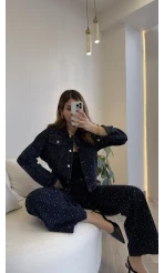 Taşlı Denim Ceket Pantolon Takım - Lacivert