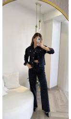 Taşlı Denim Ceket Pantolon Takım - Lacivert