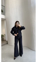 Taşlı Denim Ceket Pantolon Takım - Lacivert