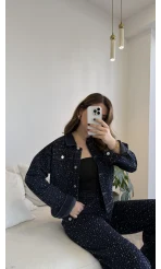 Taşlı Denim Ceket Pantolon Takım - Lacivert