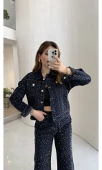 Taşlı Denim Ceket Pantolon Takım - Lacivert