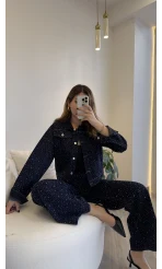 Taşlı Denim Ceket Pantolon Takım - Lacivert