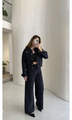 Taşlı Denim Ceket Pantolon Takım - Lacivert