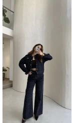 Taşlı Denim Ceket Pantolon Takım - Lacivert