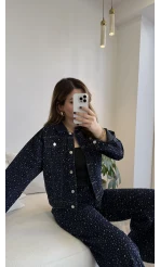 Taşlı Denim Ceket Pantolon Takım - Lacivert
