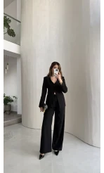 Fular Detay Vatkalı Düğmeli Ceket-Pantolon Takım - Siyah - Kod: 9046