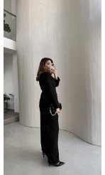 Fular Detay Vatkalı Düğmeli Ceket-Pantolon Takım - Siyah - Kod: 9046