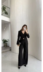 Fular Detay Vatkalı Düğmeli Ceket-Pantolon Takım - Siyah - Kod: 9046