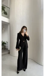 Fular Detay Vatkalı Düğmeli Ceket-Pantolon Takım - Siyah - Kod: 9046