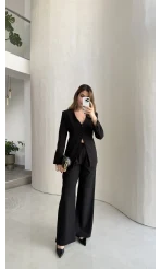Fular Detay Vatkalı Düğmeli Ceket-Pantolon Takım - Siyah - Kod: 9046