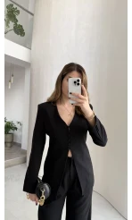 Fular Detay Vatkalı Düğmeli Ceket-Pantolon Takım - Siyah - Kod: 9046