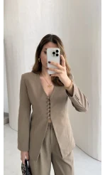 Fular Detay Vatkalı Düğmeli Ceket-Pantolon Takım - Haki - Kod: 9046