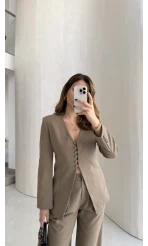 Fular Detay Vatkalı Düğmeli Ceket-Pantolon Takım - Haki - Kod: 9046