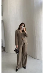 Fular Detay Vatkalı Düğmeli Ceket-Pantolon Takım - Haki - Kod: 9046