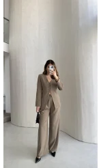 Fular Detay Vatkalı Düğmeli Ceket-Pantolon Takım - Haki - Kod: 9046