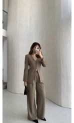 Fular Detay Vatkalı Düğmeli Ceket-Pantolon Takım - Haki - Kod: 9046