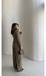 Fular Detay Vatkalı Düğmeli Ceket-Pantolon Takım - Haki - Kod: 9046