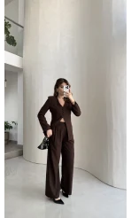 Fular Detay Vatkalı Düğmeli Ceket-Pantolon Takım - Kahve - Kod: 9046