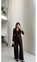 Fular Detay Vatkalı Düğmeli Ceket-Pantolon Takım - Kahve - Kod: 9046