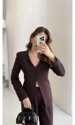 Fular Detay Vatkalı Düğmeli Ceket-Pantolon Takım - Mürdüm - Kod: 9046