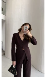 Fular Detay Vatkalı Düğmeli Ceket-Pantolon Takım - Mürdüm - Kod: 9046