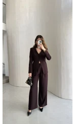 Fular Detay Vatkalı Düğmeli Ceket-Pantolon Takım - Mürdüm - Kod: 9046