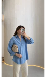 Cozy Çizgili Gömlek - Mavi - Kod: 2165