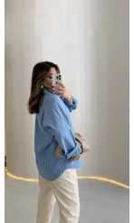 Cozy Çizgili Gömlek - Mavi - Kod: 2165