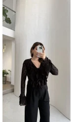 Harmony Fırfırlı Bağlamalı Dantel Bluz - Kahverengi - Kod: 1068