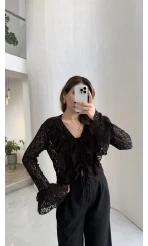 Harmony Fırfırlı Bağlamalı Dantel Bluz - Kahverengi - Kod: 1068