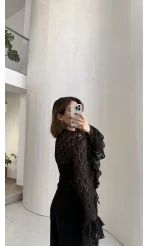 Harmony Fırfırlı Bağlamalı Dantel Bluz - Kahverengi - Kod: 1068