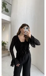 Harmony Fırfırlı Bağlamalı Dantel Bluz - Siyah - Kod: 1068