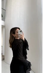 Harmony Fırfırlı Bağlamalı Dantel Bluz - Siyah - Kod: 1068