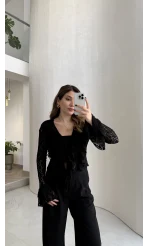 Harmony Fırfırlı Bağlamalı Dantel Bluz - Siyah - Kod: 1068