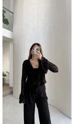 Harmony Fırfırlı Bağlamalı Dantel Bluz - Siyah - Kod: 1068