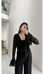 Harmony Fırfırlı Bağlamalı Dantel Bluz - Siyah - Kod: 1068