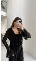 Harmony Fırfırlı Bağlamalı Dantel Bluz - Siyah - Kod: 1068