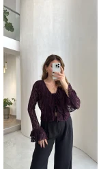 Harmony Fırfırlı Bağlamalı Dantel Bluz - Mürdüm - Kod: 1068