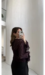 Harmony Fırfırlı Bağlamalı Dantel Bluz - Mürdüm - Kod: 1068