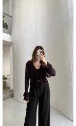 Harmony Fırfırlı Bağlamalı Dantel Bluz - Mürdüm - Kod: 1068