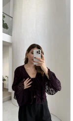 Harmony Fırfırlı Bağlamalı Dantel Bluz - Mürdüm - Kod: 1068