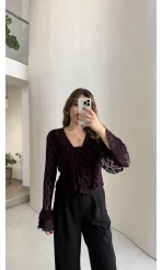 Harmony Fırfırlı Bağlamalı Dantel Bluz - Mürdüm - Kod: 1068