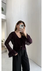 Harmony Fırfırlı Bağlamalı Dantel Bluz - Mürdüm - Kod: 1068