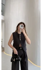 Comely Kemerli Yelek Takım - Koyu Kahve - Kod: 9716